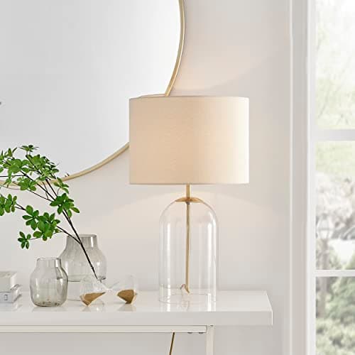 Image of Furniturebox UK Lighting - Nora Clear Glass, Gold & Cream Shade Table Lamp Light (Including Bulb) - Glass Bell Jar & Gold Metal Lamp Stand - Cream Fabric Lampshade - Elegant, Modern Lamp.