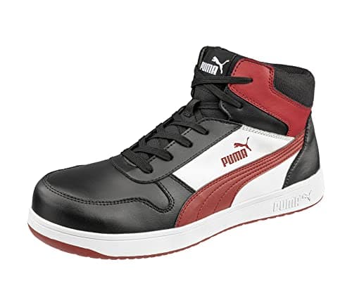 Image of PUMA Safety Front Court Mid S3 ESD FO HRO SR Unisex Safety Shoes Non-Slip Metal-Free Fibreglass Cap, Black / White / Red, 11 UK