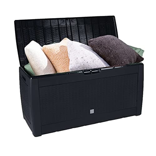 Image of Vivo Technologies 310L Garden Waterproof Storage Box Chest Outdoor Storage Boxes Cushion Box and Garden Furniture Organizer with Hinged Lid Handles Wheels Wicker Look, Black