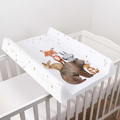 Image of Baby Hard Base Changing Mat/Top Changer 80x50 cm fits 140x70 cm Cot Bed Unisex Wedge Anti Roll Nappy Newborn Baby Waterproof Changing Mat with Raised Edges (Forest Friends)