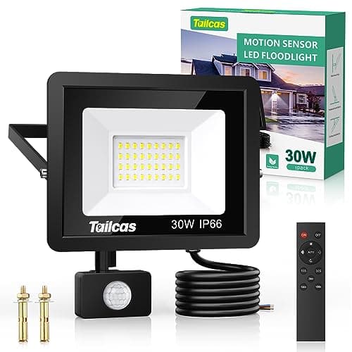 Image of Tailcas Security Lights Outdoor Motion Sensor, 30W PIR Light with Remote Control, IP66 Waterproof Sensor Outdoor, 2700LM LED Floodlights Mains Powered for Garden,Yard, Garage, Black