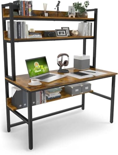 Image of Aquzee Computer Desk with Shelves, 120 cm Work Desk with Storage, Home Office Desk with Hutch and Bookshelves, Metal Legs Study Table with Wooden Shelves for Study Writing 60D x 120W x 165H cm