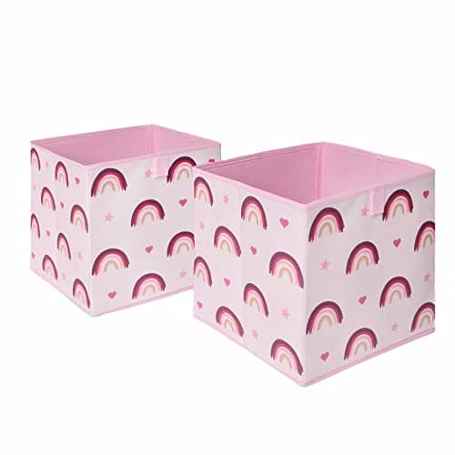 Image of OHS Pack of 2 Rainbow Print Kids Storage Toys Games Box Clothing Space Saving Foldable Organiser Cube, Blush Pink