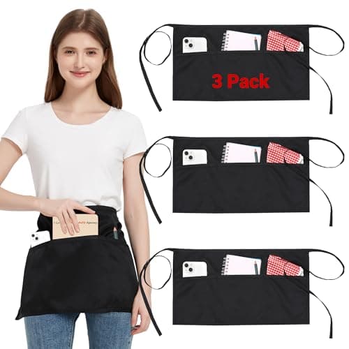 Image of 3 Pack Waist Apron with 3 Pockets, Black Waitress Waiter Aprons for Women Man, Water Resistant Server Aprons Long Straps Bistro Apron for Chef Restaurant Work Bar (3, Black - 23.62''X11.81'')