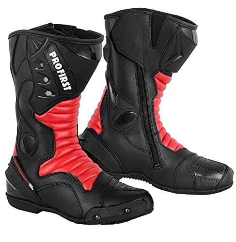 Image of PROFIRST Genuine Leather Motorcycle Boots Waterproof Motorbike Shoes Armoured Boot Protection Anti Slip Racing CE Approved (Red, UK Footwear Size System, Adult, Men, Numeric, Medium, 10)
