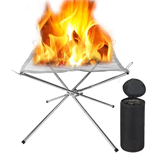 Image of LOLYSIC Portable Fire Pit for Camping, Outdoor Foldable Fire Pit with Carrying Bags, Stainless Steel Mesh Fire Pit Small Firepit Collapsible Bonfire for Garden Patio Backyard Picnic Travel BBQ Heating