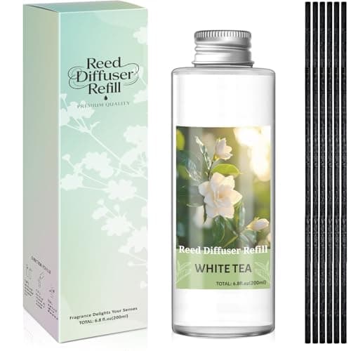 Image of SCENTORINI Reed Diffuser Refill 200ml with 6 Reeds, White Tea Room Fragrance Oil, Home Scent Refill for Bathroom Bedroom Office, Gift Boxed