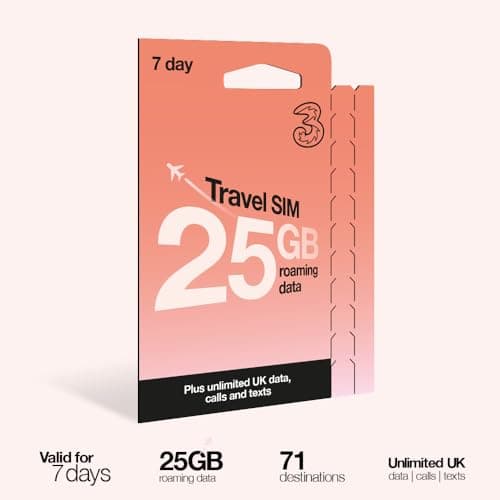 Image of Three 7 Day Travel Sim, Unlimited Voice with 25GB Data Roaming