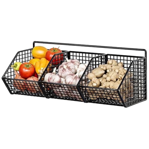 Image of YOFAPA Wall Mounted Kitchen Storage Basket, Black Metal Wire Organizer with 3 Compartments, Rustproof Iron Mesh Rack for Pantry, Entryway, Utility Room, 14.2 x 5.9 x 3.3 in