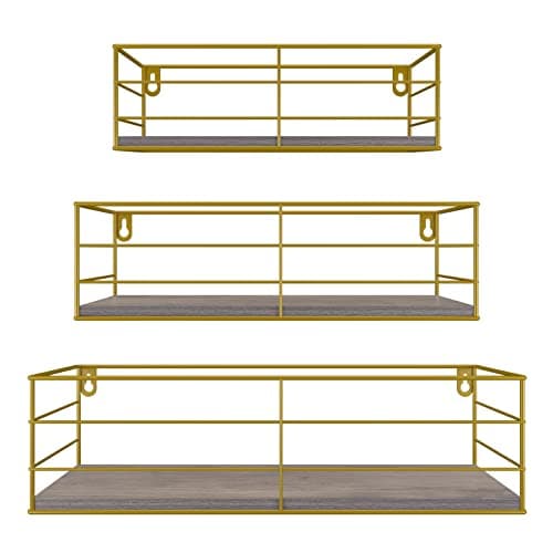 Image of EYMPEU Floating Shelves, Gold Wall Shelves Set of 3, Metal Wood Display Shelf, Home Decoration for Bedroom, Living Room, Office, Hallway or Kitchen