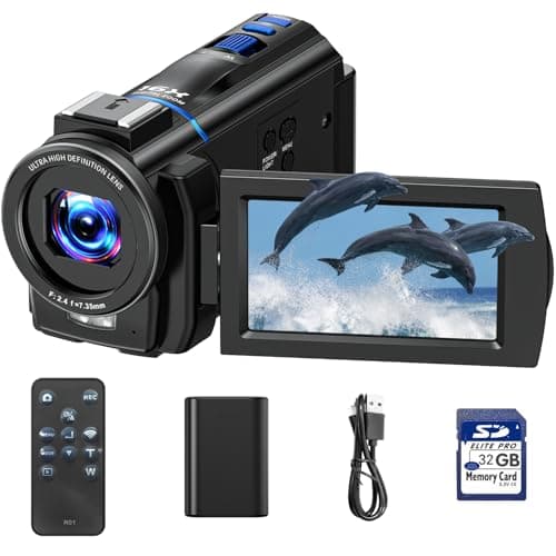Image of 4K Camcorder Video Camera, 48MP Vlogging Camera with 3" 270° Rotatable Touch Screen, Portable Cam Corder with Image Stabilization, IR Night Vision, 32GB SD Card, Remote Control & Battery