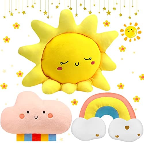 Image of Queekay Set of 3 Kid Moon Star Cloud Cushion Soft Plush Pillow Nursery Stuffed Throw Cushion Children Cute Pillow for Baby Room Reading Nook Decorations Gifts(Rainbow, Cloud, Sun)