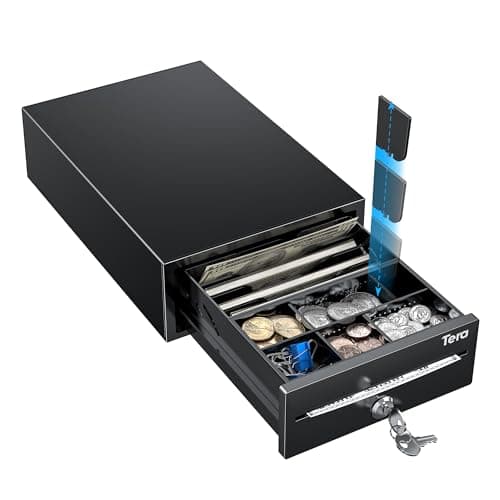 Image of Tera Cash Register Drawer 8" Mini: 4 Bill 6 Coin Small Cash Drawer Auto Open with Media Slot 24V RJ12 Cable for POS System Key-Lock Removable Coin Separators for Small Business Retail Counter 208