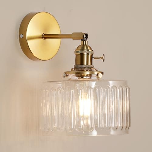 Image of GreeLustr Industrial Wall Light with Clear Glass Shade, Bathroom Vintage Wall Lamp Brass Finish with Switch Single Head, Retro Wall Sconces Indoor for Bedside Bedroom Vanity Mirror, E27, 7″ Lantern