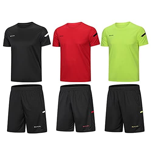 Image of BUYJYA Men's Workout Clothes Athletic Shorts Shirt Set 3 Pack Basketball Football Training Running Gym Christmas gifts, Black/Red/Green, S