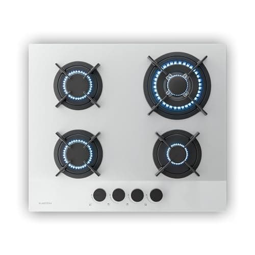 Image of Klarstein Velaire gas hob, 4-burner glass stove, 8000 W, 60 cm, LPG & natural gas, electric ignition, flame failure protection, including conversion kit & hose set, white