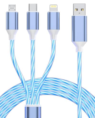 Image of 3 in 1 LED Light Up Charging Cable 1.2M/4Ft Multi USB Charger Cord Flowing LED Fast Charging Cable with Type C Micro USB and Lightn-ing Connectors Adapter for iPhone Samsung Android Switch iPad-Blue