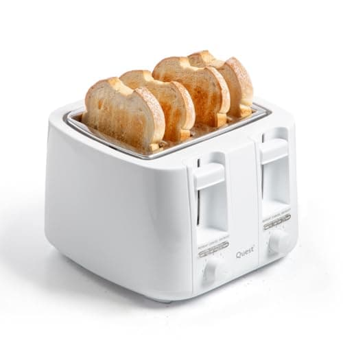 Image of Quest 4 Slice White Toaster with Extra Wide Slots / 7 Browning Levels/Reheat & Defrost/Crumb Tray & Cord Storage/Bagels, Bread, Crumpets