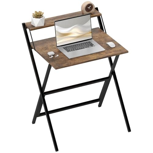 Image of HOMCOM Folding Desk with Monitor Shelf, 70 cm Foldable Computer Desk for Small Spaces, Space Saving Writing Table Workstation for Home Office, Study, Easy Assembly, Rustic Brown