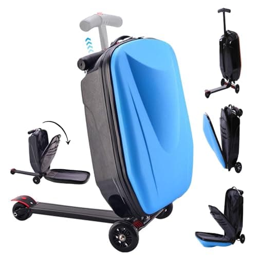 Image of BeVistoso Scooter Suitcase for Kids Large Capacity Foldable Ride On Luggage Scooter with Telescopic Handle Zippered Multi-Pocket for Travel, Sky Blue