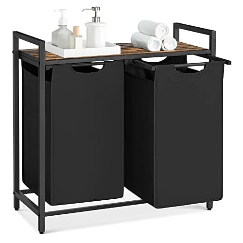 Image of Vasagle BLH201B01V1 Dirty Laundry Basket, 2 Compartments, Bin, with 2 Removable Oxford Cloth Bags, Metal Frame, 2 x 46 Litres, 73 x 33 x 72 cm, Rustic Brown and Black