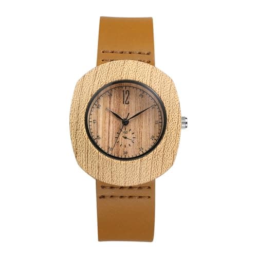 Image of JewelryWe Leather Watch for Women: Minimalist Arabic Numeral Wood Grain Tonneau Dial Watches Adjustable Strap Quartz Analog Wristwatch