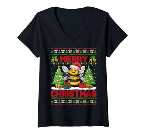 Image of Womens Bumble Bee Ugly Christmas Sweaters Funny Santa Lights Xmas V-Neck T-Shirt