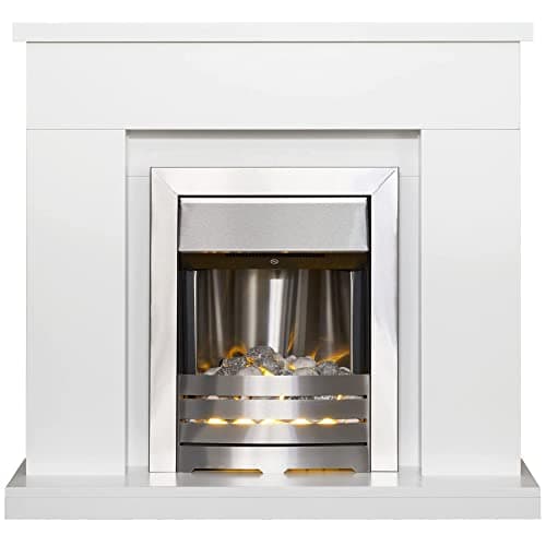 Image of Adam Lomond Fireplace in Pure White with Helios Electric Fire in Brushed Steel, 39 Inch