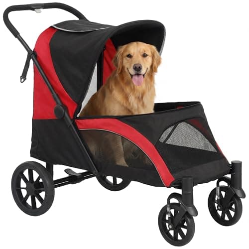 Image of PawHut Dog Stroller, Easy Folding Pet Stroller for Large Dogs, Puppy Pram Pet Pushchair with 4 Big Wheels, Shock-Absorbing Frame, Safety Leashes, Brakes, Maximum Load 30 kg, Red/Black