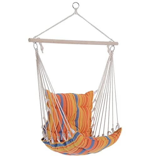 Image of Outsunny Outdoor Hanging Rope Chair with Soft Padded Seat & Backrest, Garden Hammock Chair with Wooden Support Bar Cotton Cloth, Portable Garden Chair for Patio & Tree, Orange