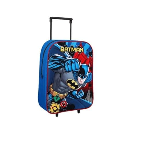 Image of Top Linen Kids Travel Trolley Backpack - Wheeled Suitcase Rucksack Bag - Children Favourite Characters Foldable Carry-on Luggage Carrier Bag - Standard Batman Trolley Bag