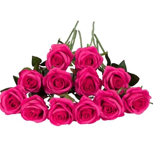 Image of Laelfe 12 Pcs Hot Pink Roses Artificial Flowers, 53 cm Long Stem Faux Silk Fuchsia Roses Fake Pink Flowers for Wedding Bridal Bouquets Home Party Arrangment Hotel Garden Decorations