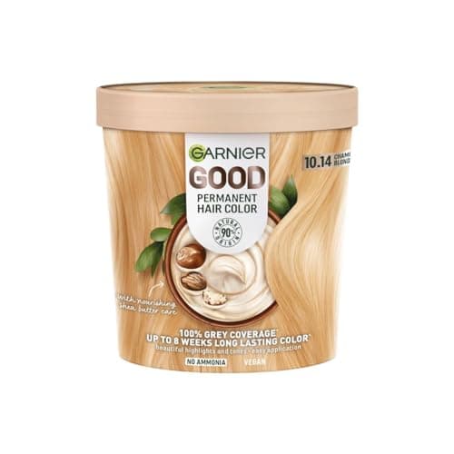 Image of Garnier GOOD Permanent Hair Dye, 10.14 Chamomile Blonde. Offers 100% grey coverage and 8-week colour. No ammonia, vegan shea butter formula for vibrant, light results on all hair types.