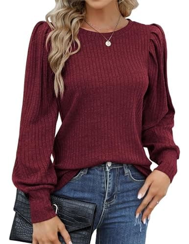 Image of HOTOUCH Women's Jumpers Lightweight Crewneck Sweaters Elegant Puff Sleeve Top Autumn Winter Red L