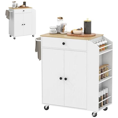 Image of HOMCOM Kitchen Island on Wheels with Drawer, Rolling Kitchen Storage Trolley with 3-Tier Spice Rack, Towel Rack and Adjustable Shelf, White