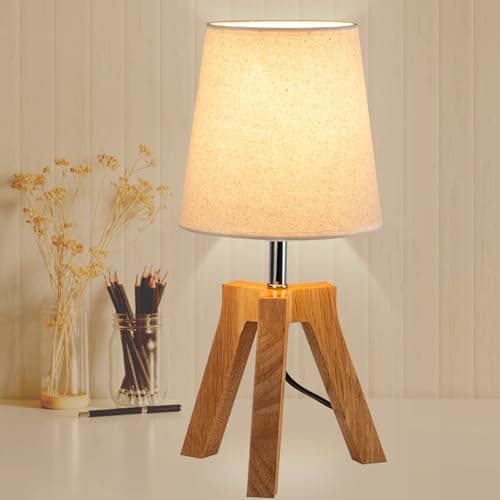 Image of Dreamholder Wood Bedside Table Lamp, Tripod Desk Lamp with On-Off Switch, Nightstand Lamp with Fabric Shade for Reading, Bedroom, Living Room, Office, Natural Wood Base with Linen Shade