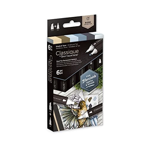 Image of Crafter's Companion Spectrum Noir Classique Blend Twin Tip Blendable Alcohol Based Marker Set with Japanese Nibs - Pack of 6 - Perfect for Colouring, Drawing & Illustration (Shade & Tone Pack)