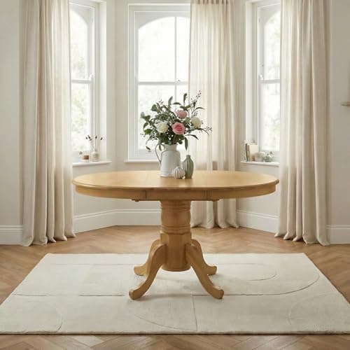 Image of Furniturebox UK 4 to 6 Seat Solid Wood Round Extending Table - Padstow Oak Effect Pedestal Extendable Dining Table - Traditional Classic Rustic Farmhouse Dining Furniture - Solid Rubberwood