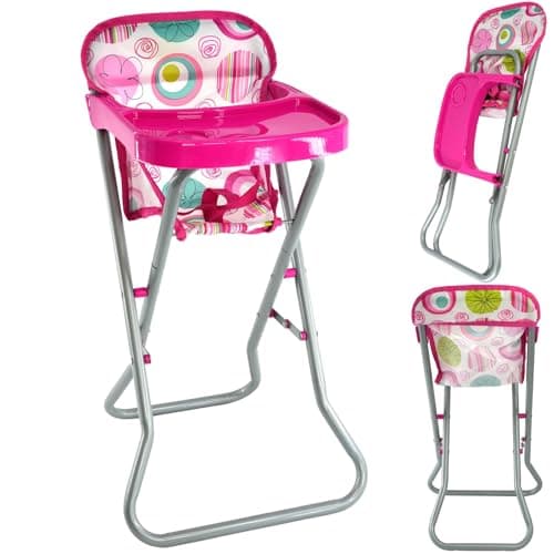 Image of BiBi Doll Baby Doll High Chair - Pink Foldable Highchair with Metal Frame, Attached Feeding Table - Role Play Accessories & Toys for Girls & Boys Aged 3+