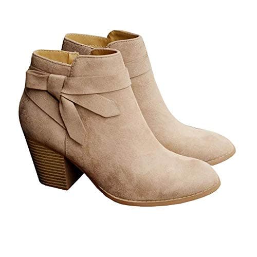 Image of Coutgo Women's Tie Knot Chelsea Pump Ankle Boots Closed Toe Stacked Heel Booties Shoes Beige 6.5