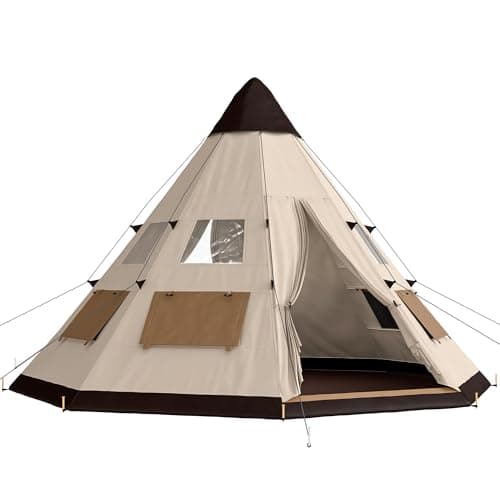 Image of Outsunny 6 Men Tipi Tent, Camping Tent with Mesh Windows, Sewn-in Floor, Door and Carry Bag, Easy Set Up, for Hiking Picnics Outdoor Night, Khaki