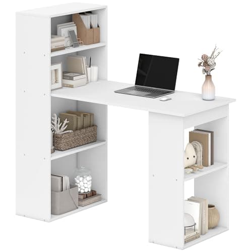Image of HOMCOM 120cm Computer Desk, Wooden PC Laptop Table with 6-Tier Storage Bookshelves, Home Office Working Study Desk, Writing Workstation, White