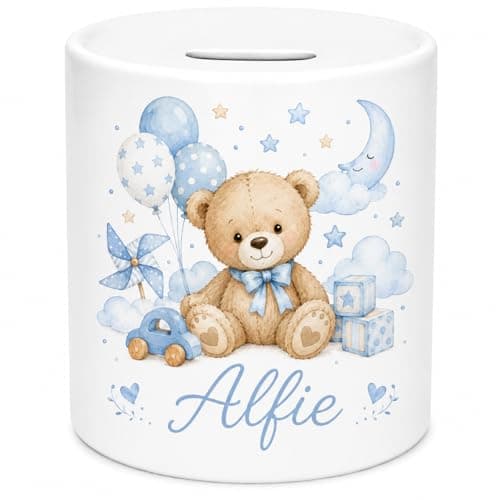 Image of Personalised Teddy Bear Ceramic Money Box – Custom Baby Boy Coin Bank with Any Name – Cute Blue Teddy Piggy Bank for Boys, Babies & Toddlers – Nursery Savings Pot Keepsake Gift