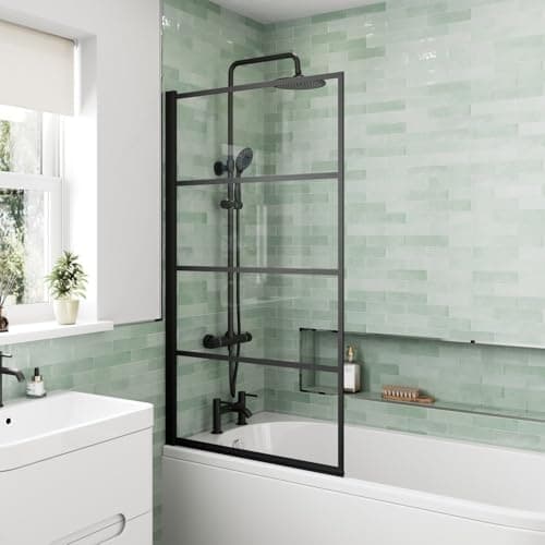 Image of Luxura® 1400 x 800mm Black Large Grid Over Bath Shower Screen Door 6mm Clear Toughened Safety Glass Panel Bathroom Hinged Framed Bath Screens