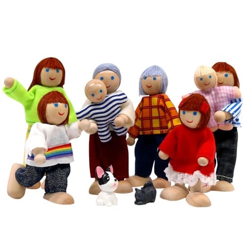 Image of SumDirect Sets of 8 People Wooden Family Doll Toys, Lovely Happy Family Dolls Playset Doll House Accessories for Doll House Kids Children Toy (Style 5)