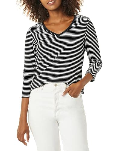 Image of Amazon Essentials Women's Classic-Fit 3/4 Sleeve V-Neck T-Shirt (Available in Plus Size), Black White Stripe, Small