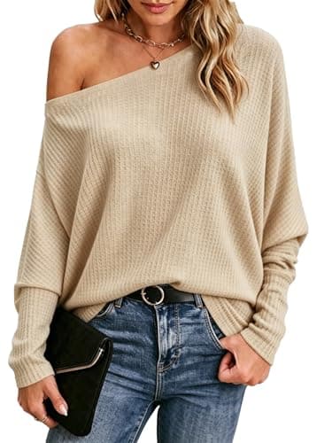 Image of Dressmine Batwing Jumpers for Women UK Off the Shoulder Sweater Bardot Tunic Casual Long Sleeve Spring Waffle Tops Sweatshirt Cream Size 12