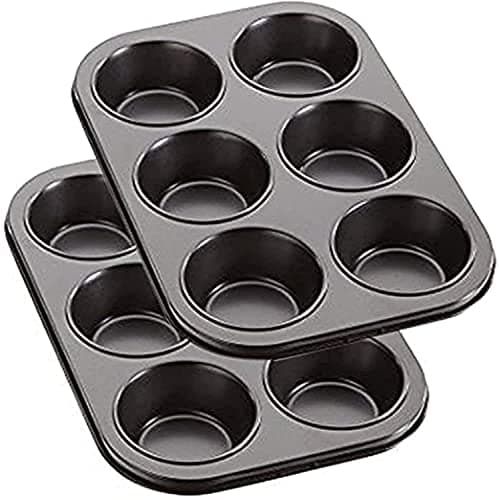Image of New Brand 2 Pack Deep Sturdy Muffin Fairy Cake 6 Cup Non Stick Baking Tray Tin for Yorkshire Pudding Pies, Cupcakes, Muffin and Brownies, Carbon Steel