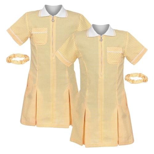 Image of janisramone® Girls Gingham School Dress, Pack of 2 Short Sleeve Check Print Summer Dress, Zip Up Pleated School Uniform Girls with Side Pockets and Hair Bobble, Ages 3-18 Yellow