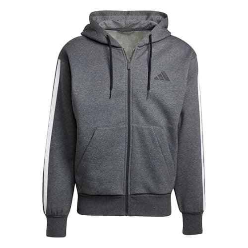 Image of adidas Men's ESSENTIAL THREE STRIPES FLEECE ZIPPER HOODIE, dark grey heather/black, XL
